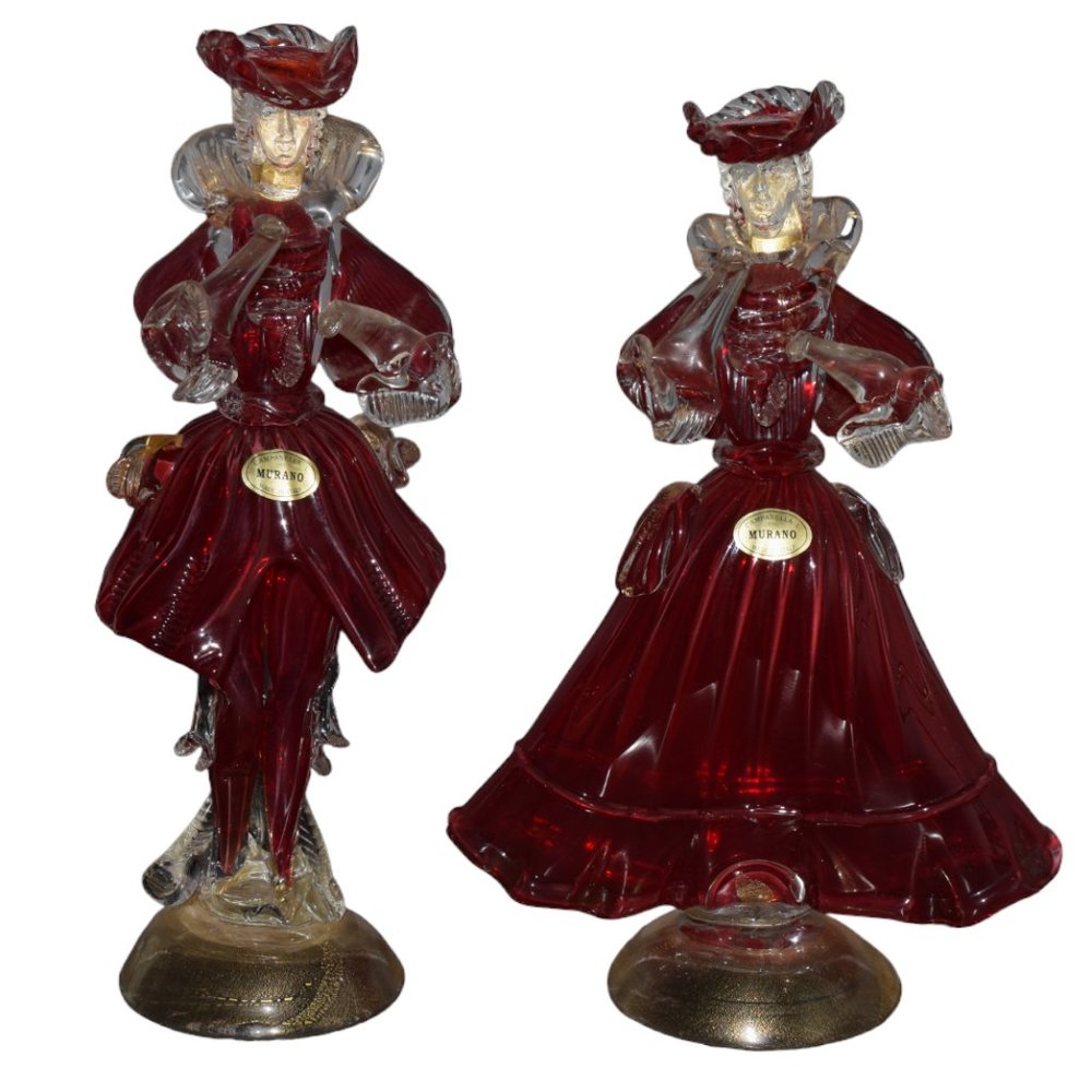 MURANO Glass Figurines Dancers Red and Gold 24 Carats Handmade Man Woman